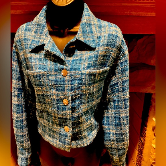 ZARA BLUE TWEED CROPPED LONG SLEEVE RHINESTONE BUTTON OVERSIZED JACKET SZ. L - Picture 7 of 15